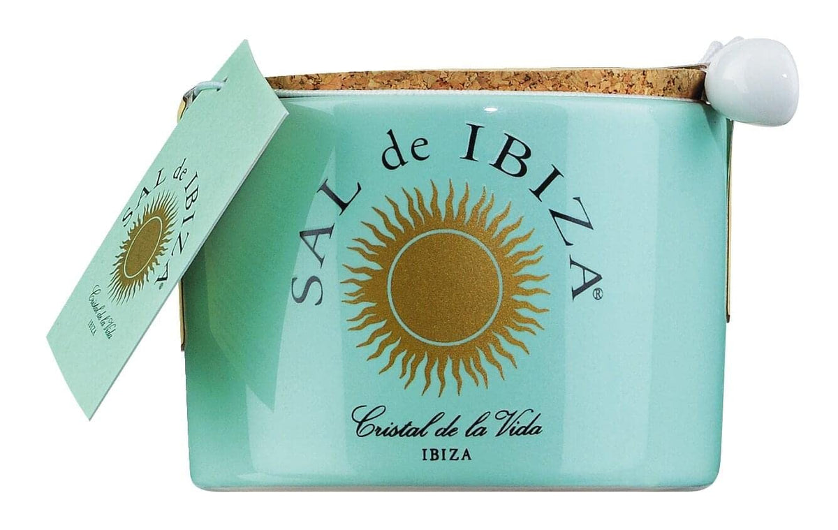 Sal de Ibiza ceramic pot front view showing turquoise jar and spoon, stylish serving