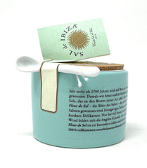 Sal de Ibiza cork lid and ceramic spoon detail, convenient hygienic dispensing