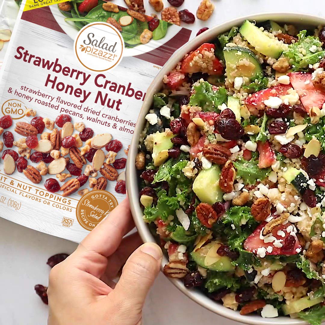 Salad Pizazz! sprinkled on a green salad in a kitchen setting showing easy meal upgrade