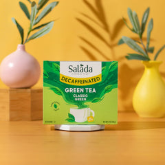 Salada brewed decaf green tea in a cup showing smooth color and calming enjoyment