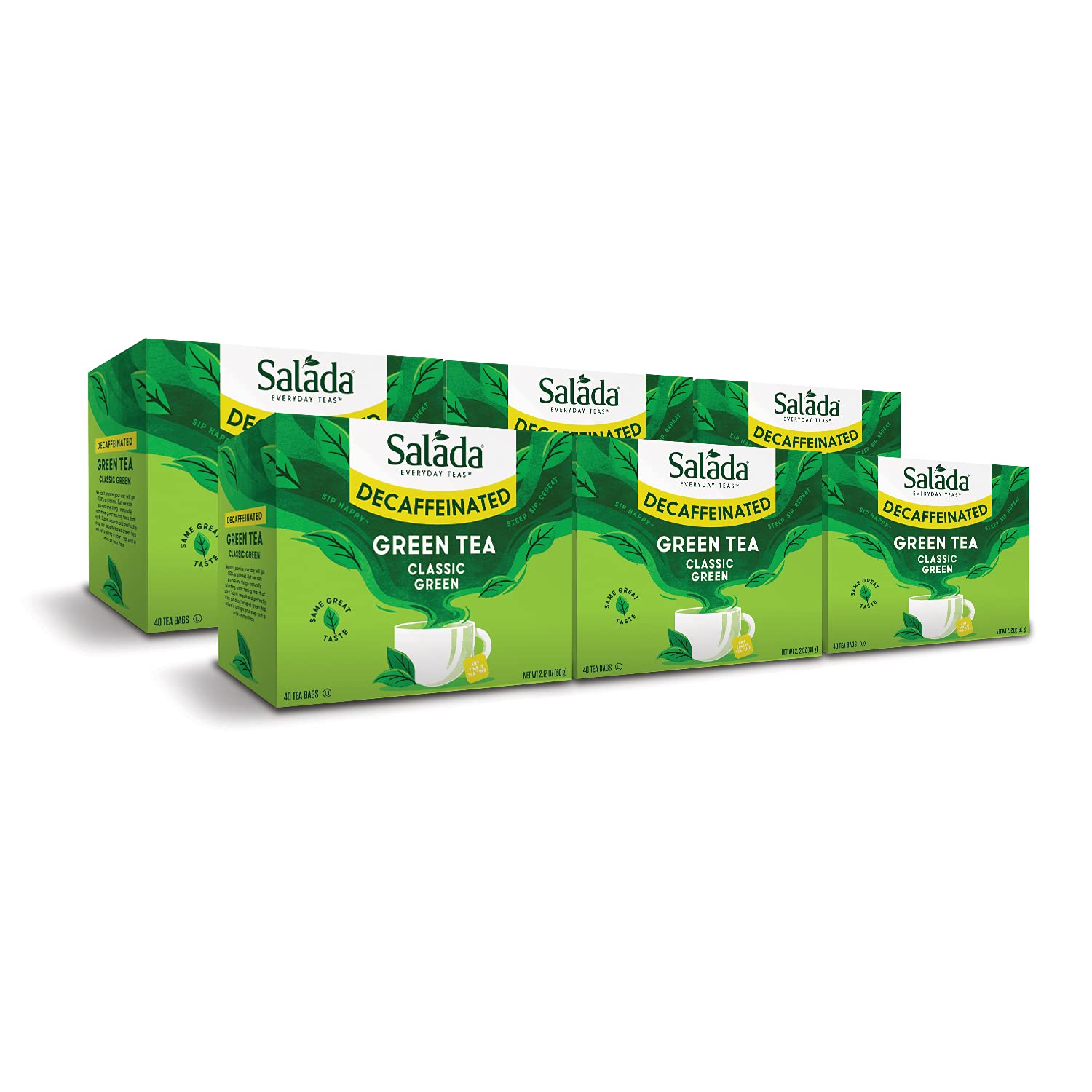 Salada front packaging showing six-box decaf green tea pack and benefits