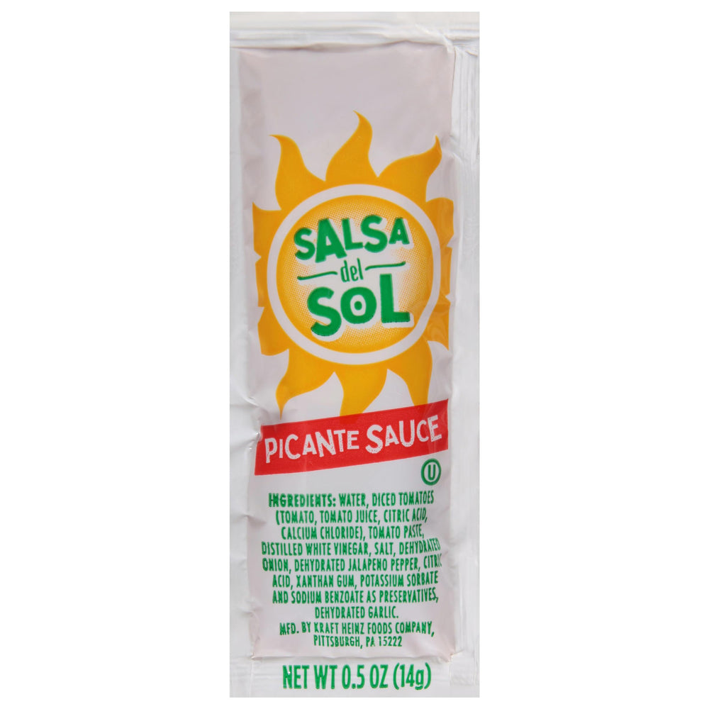 Salsa Del Sol front packaging showing 200 packets and brand for reliable supply