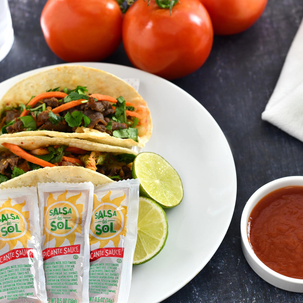 Salsa Del Sol single packet closeup with tear edge for easy, mess-free use
