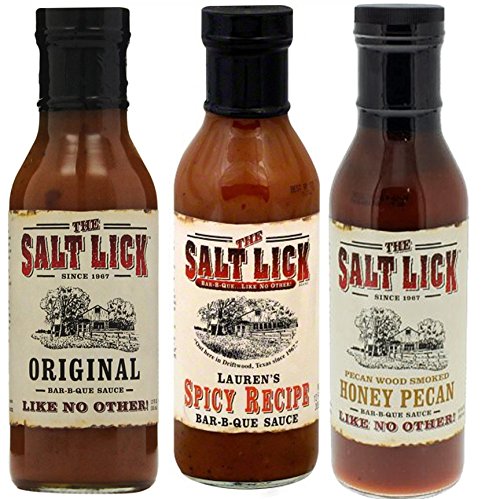 Salt Lick three-bottle front view showing Original, Lauren's Spicy, Honey Pecan for versatile grilling
