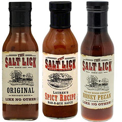 Salt Lick three-bottle front view showing Original, Lauren's Spicy, Honey Pecan for versatile grilling