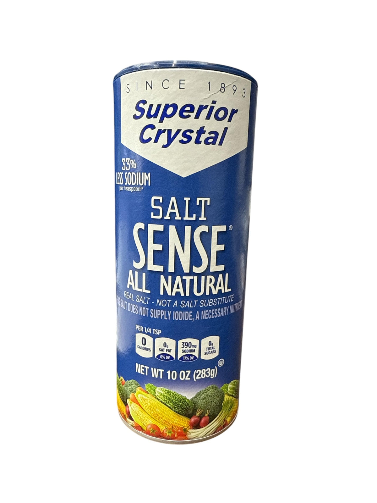 Salt Sense front packaging showing three easy-pour containers and sodium benefit