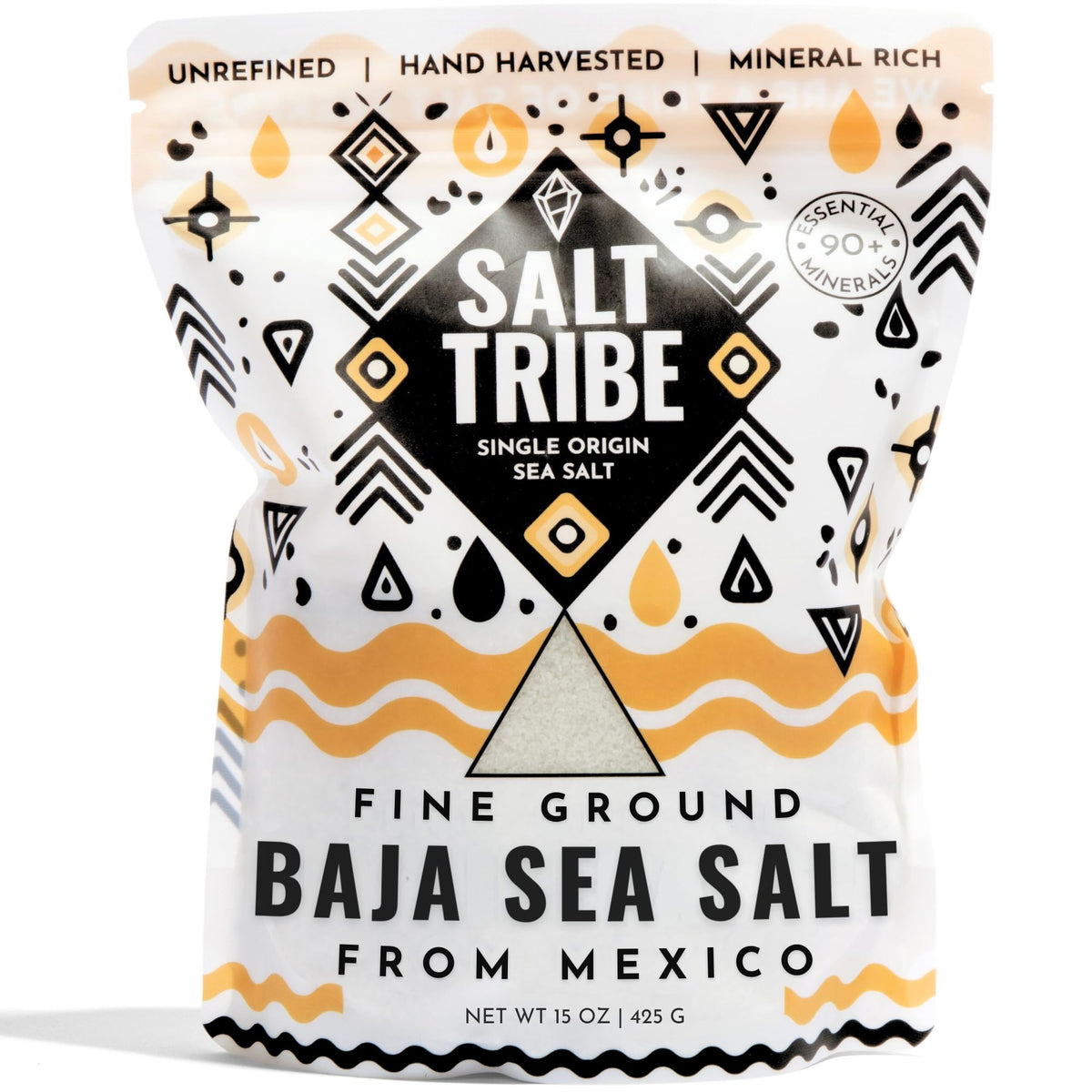 Salt Tribe front packaging showing 15 oz Baja sea salt, highlights purity