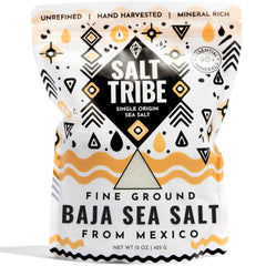Salt Tribe front packaging showing 15 oz Baja sea salt, highlights purity
