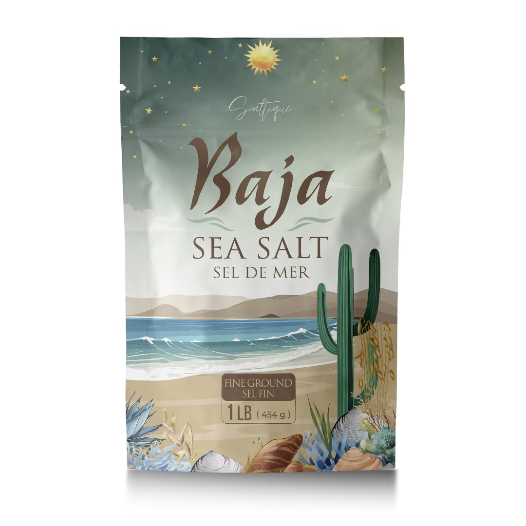 Saltique front packaging of 1lb Baja sea salt showing brand, fine texture, and clean labeling
