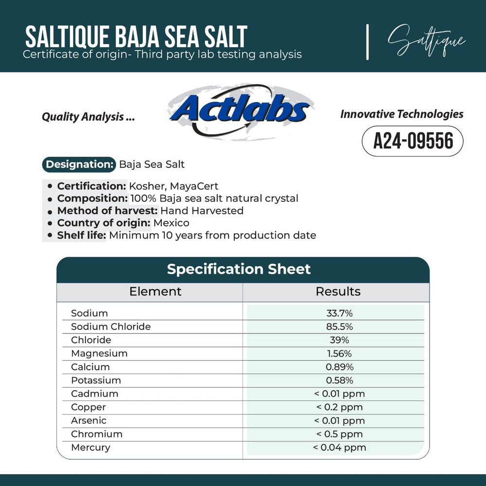 Saltique Baja sea salt next to a measuring scale showing 1lb package for size and portion clarity