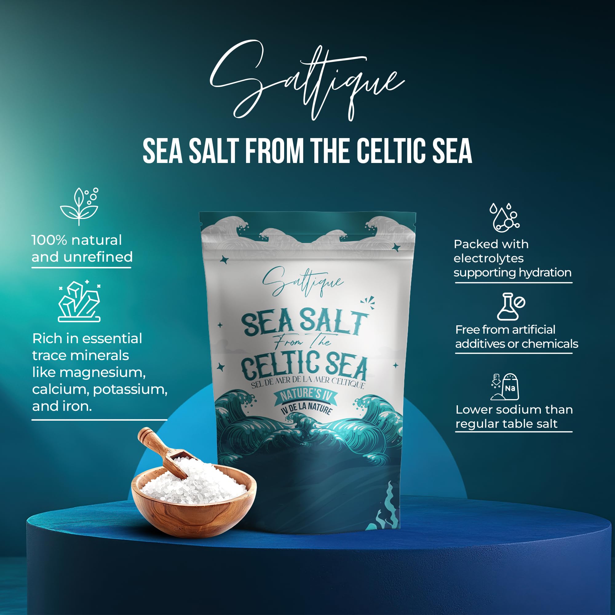 Saltique salt in spoon ready for seasoning, demonstrating even fine-grain distribution