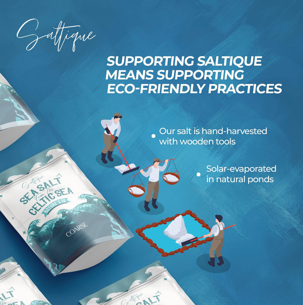 Saltique salt beside measuring scale demonstrating 1 lb package size and portioning