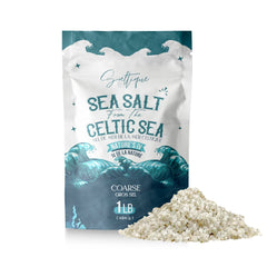 Saltique front packaging showing 1lb coarse sea salt and natural mineral benefits