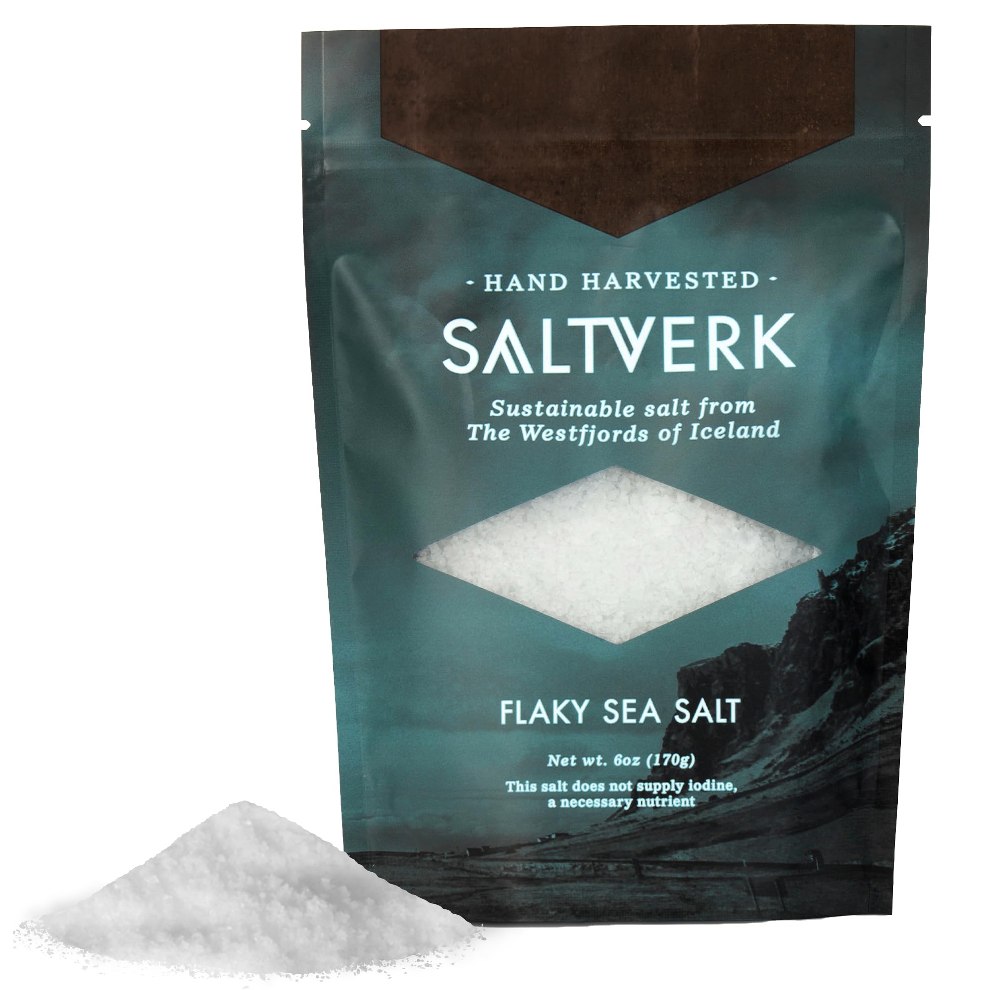Saltverk front packaging 6 oz showing brand and size, enhances pantry appeal