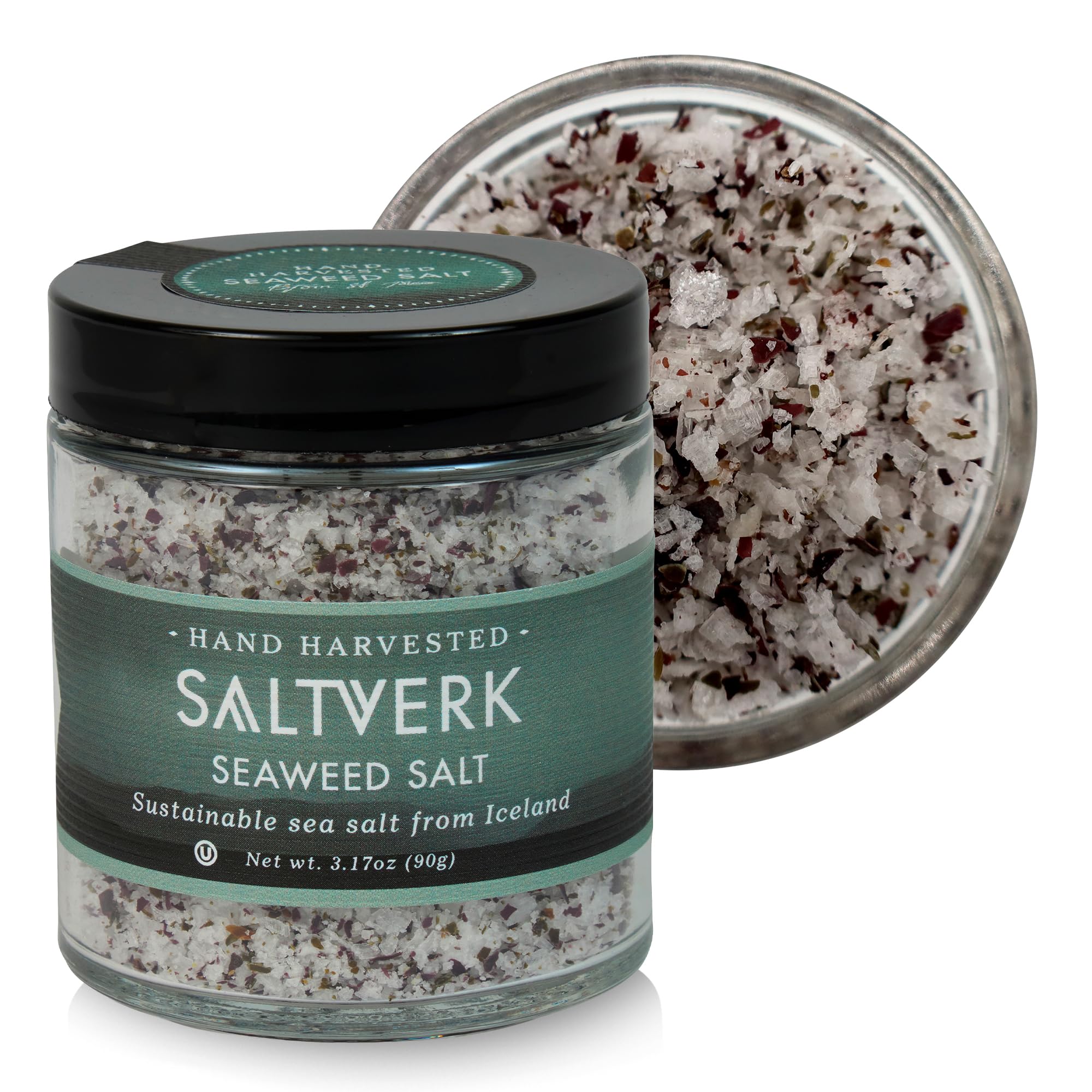 Saltverk front packaging showing seaweed salt jar and clear label benefit: artisanal Icelandic salt