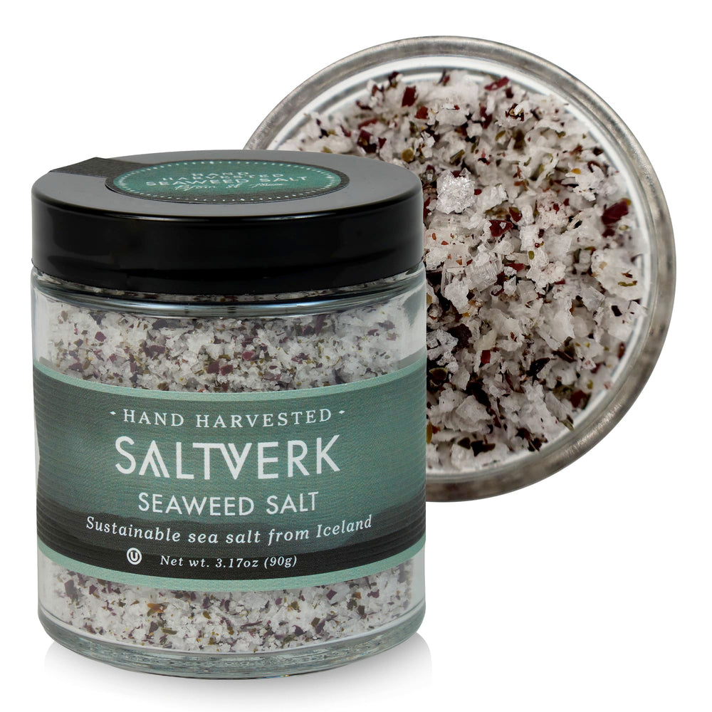 Saltverk front packaging showing seaweed salt jar and clear label benefit: artisanal Icelandic salt