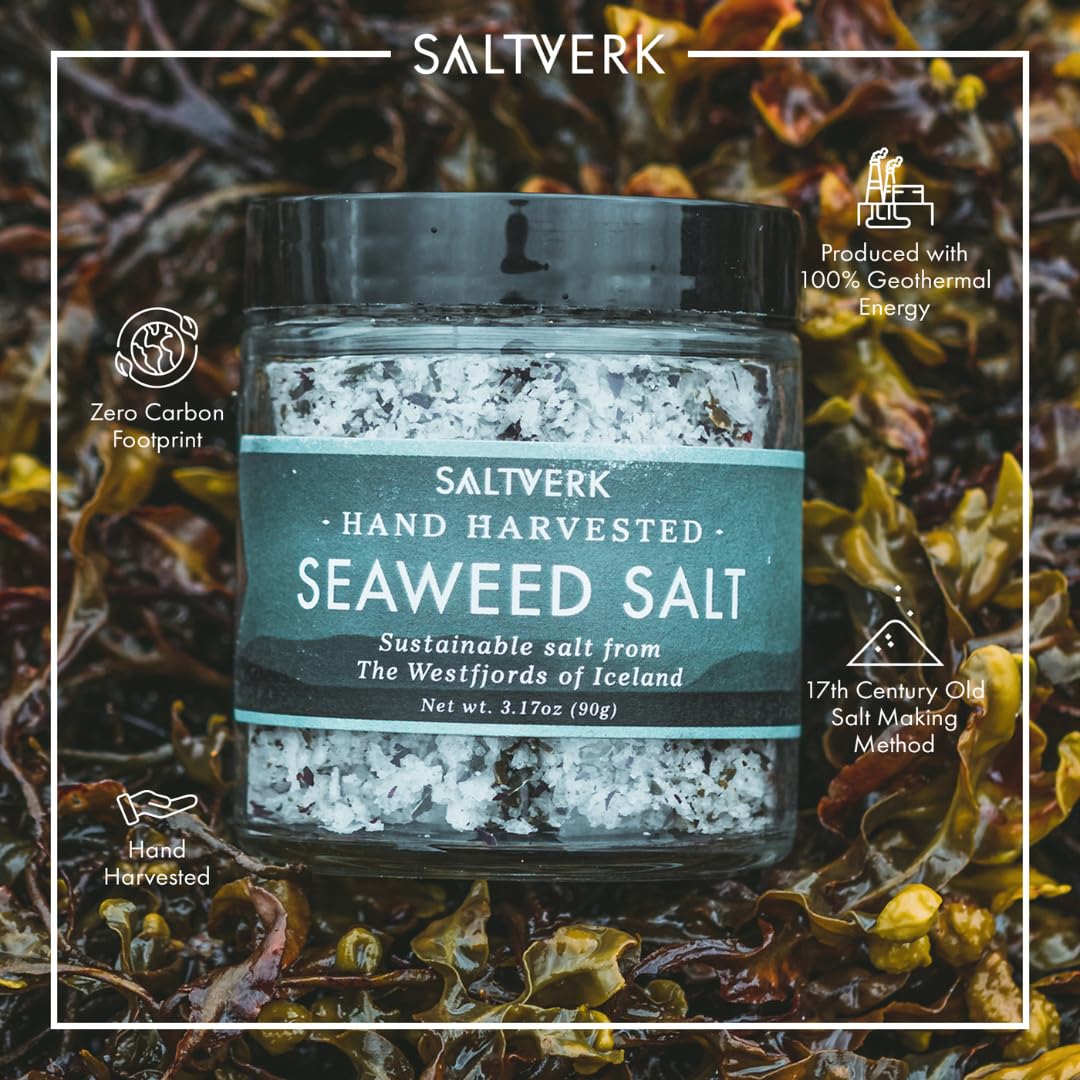 Saltverk open jar with visible flakes conveying freshness and easy finishing use benefit