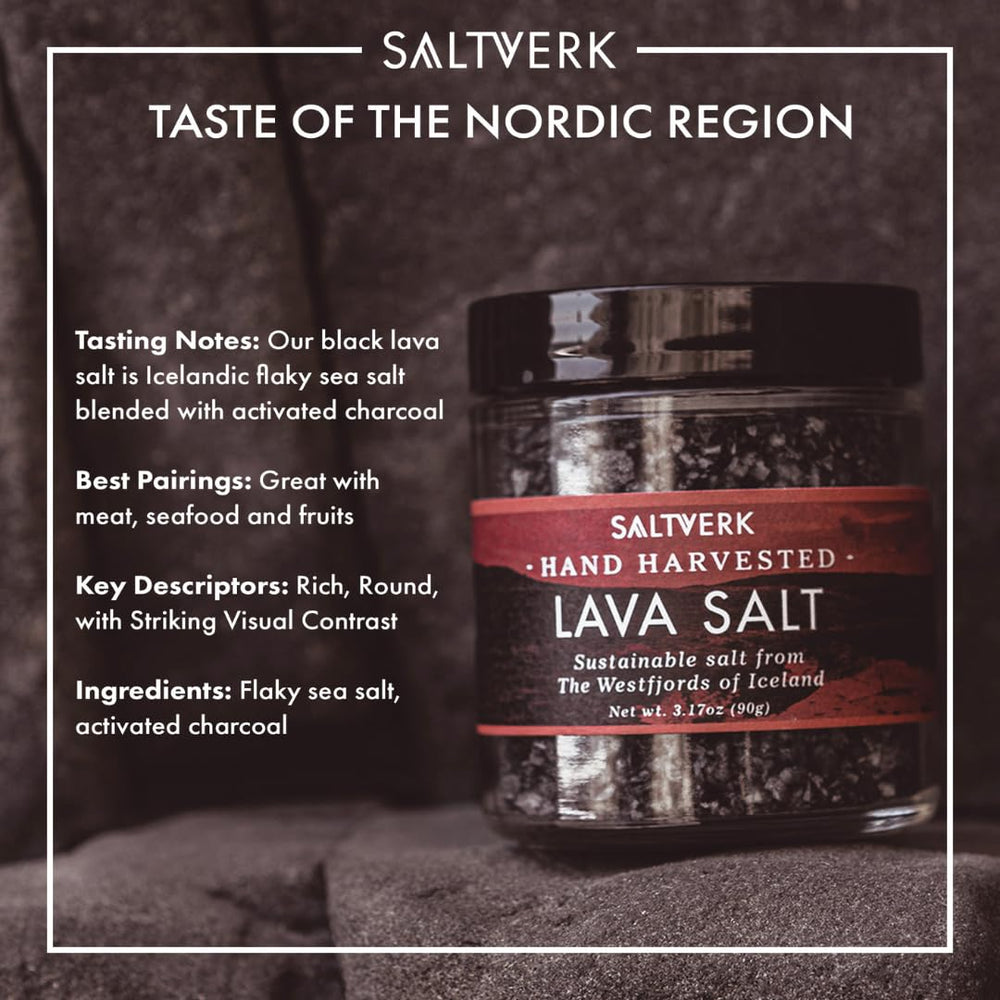Close-up of Saltverk lava salt flakes texture, highlights delicate flakiness for finishing