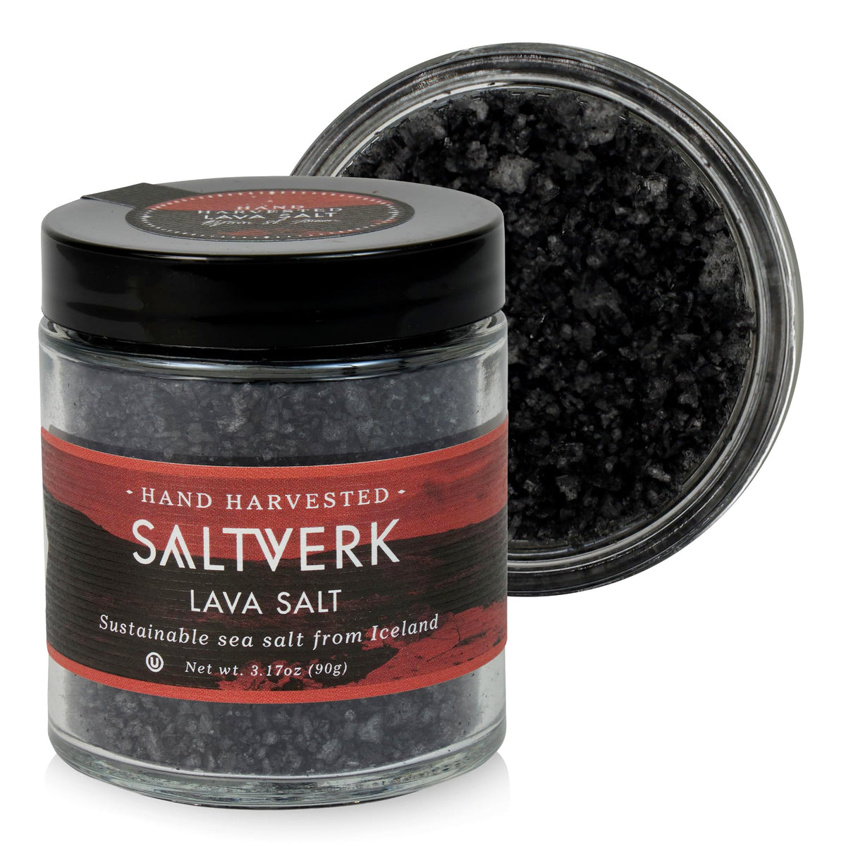 Saltverk front packaging showing black lava salt flakes and branding, enhances presentation