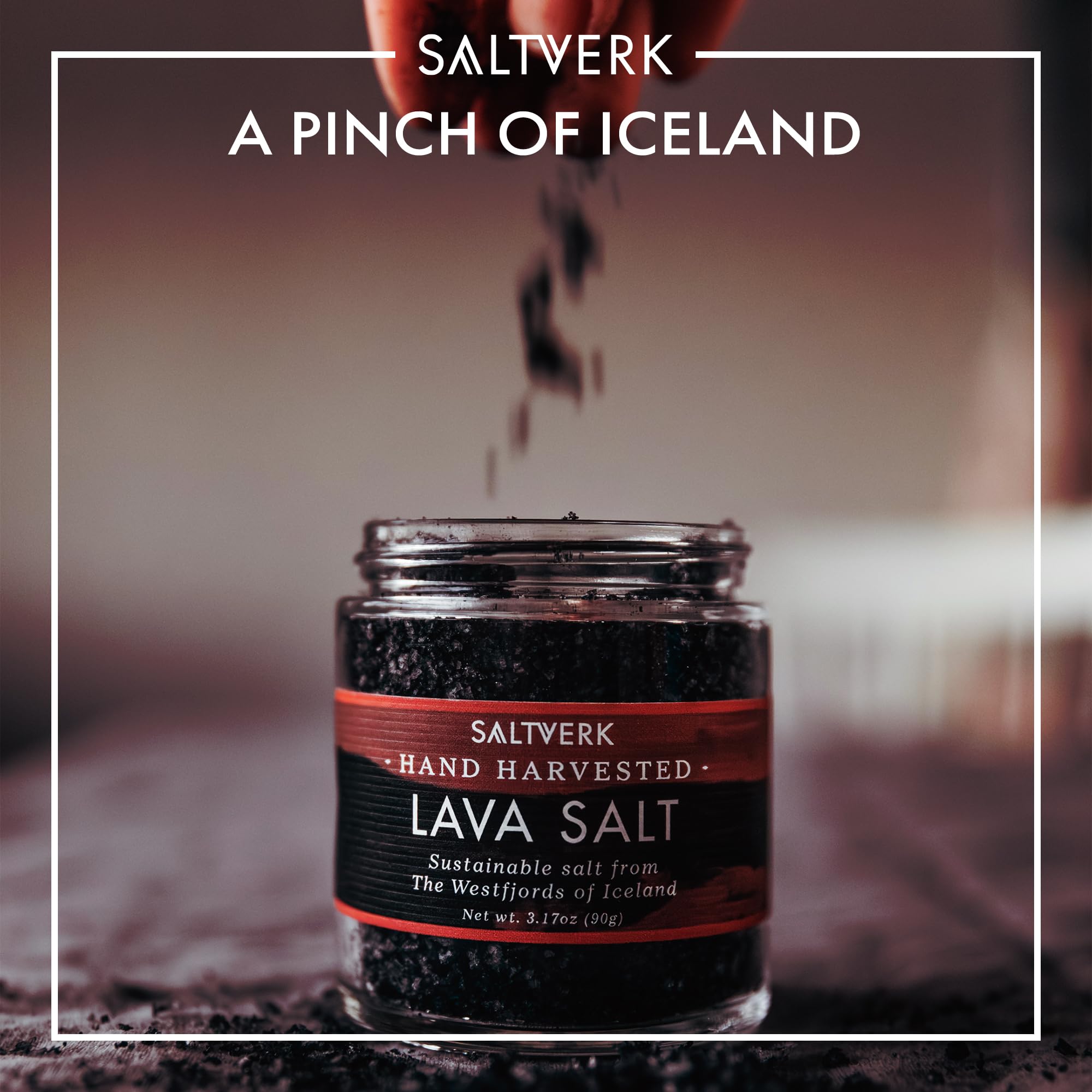 Lifestyle kitchen scene with Saltverk Lava, suggests gourmet finishing and sustainable sourcing