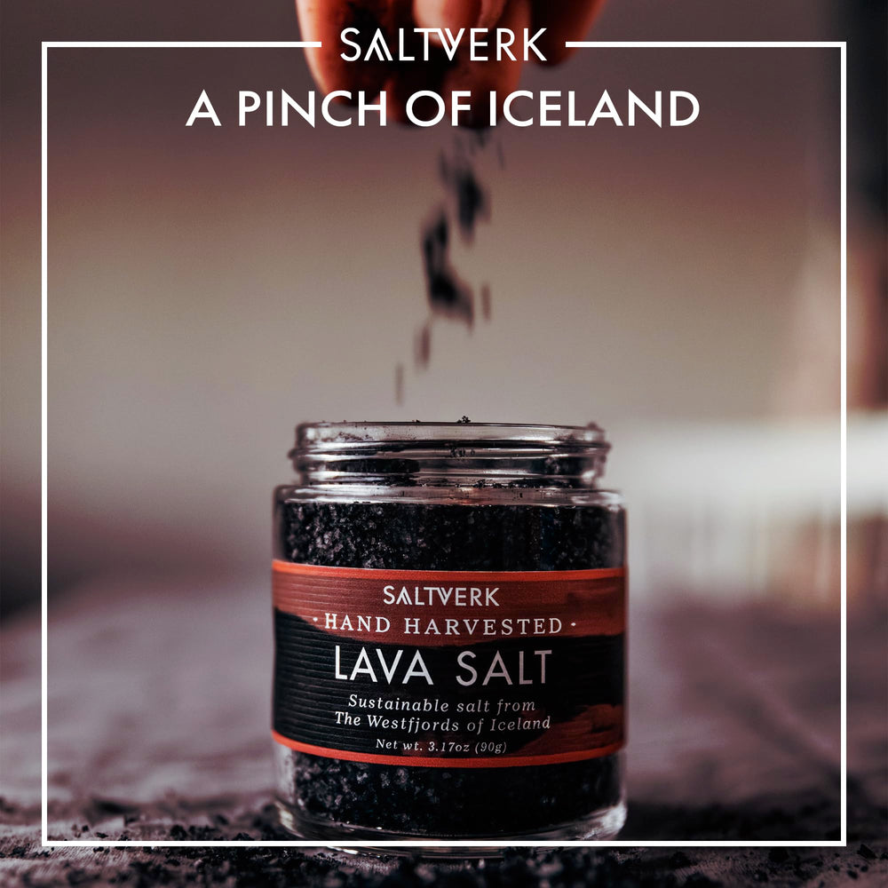 Lifestyle kitchen scene with Saltverk Lava, suggests gourmet finishing and sustainable sourcing