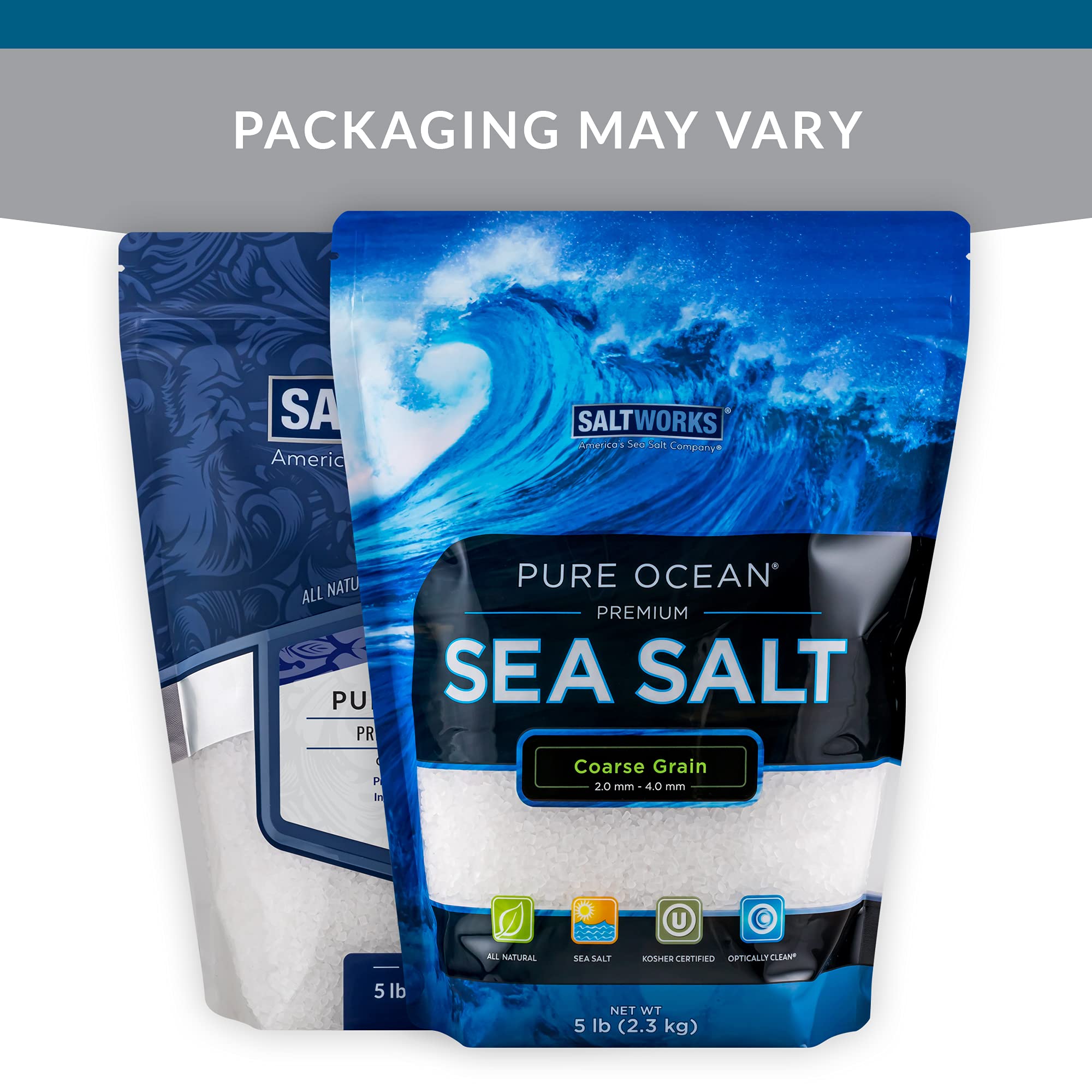 SaltWorks Pure Ocean open bulk bag with poured crystals showing commercial kitchen convenience