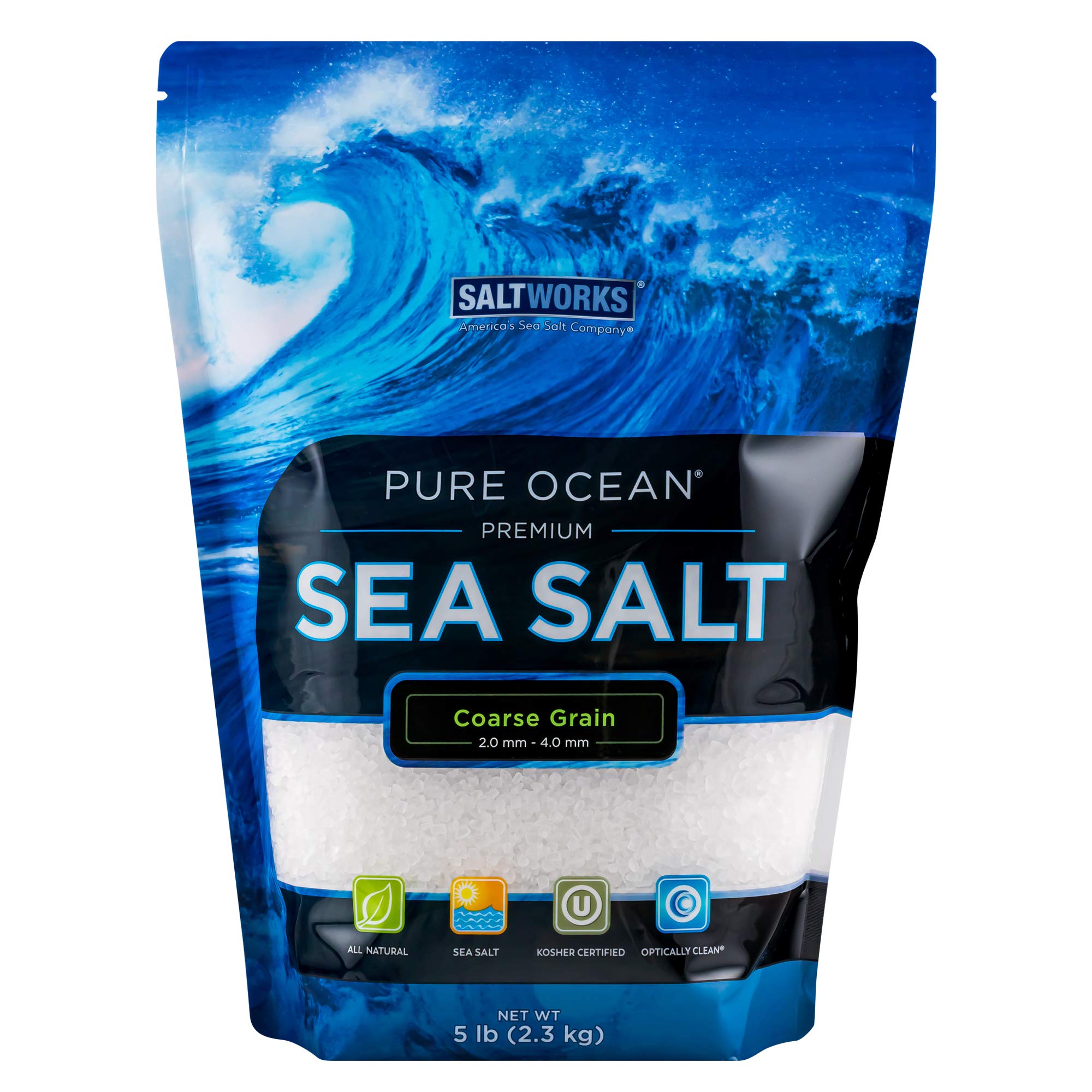 SaltWorks Pure Ocean front packaging shows 5 lb bag and clean branding benefit: clear supply
