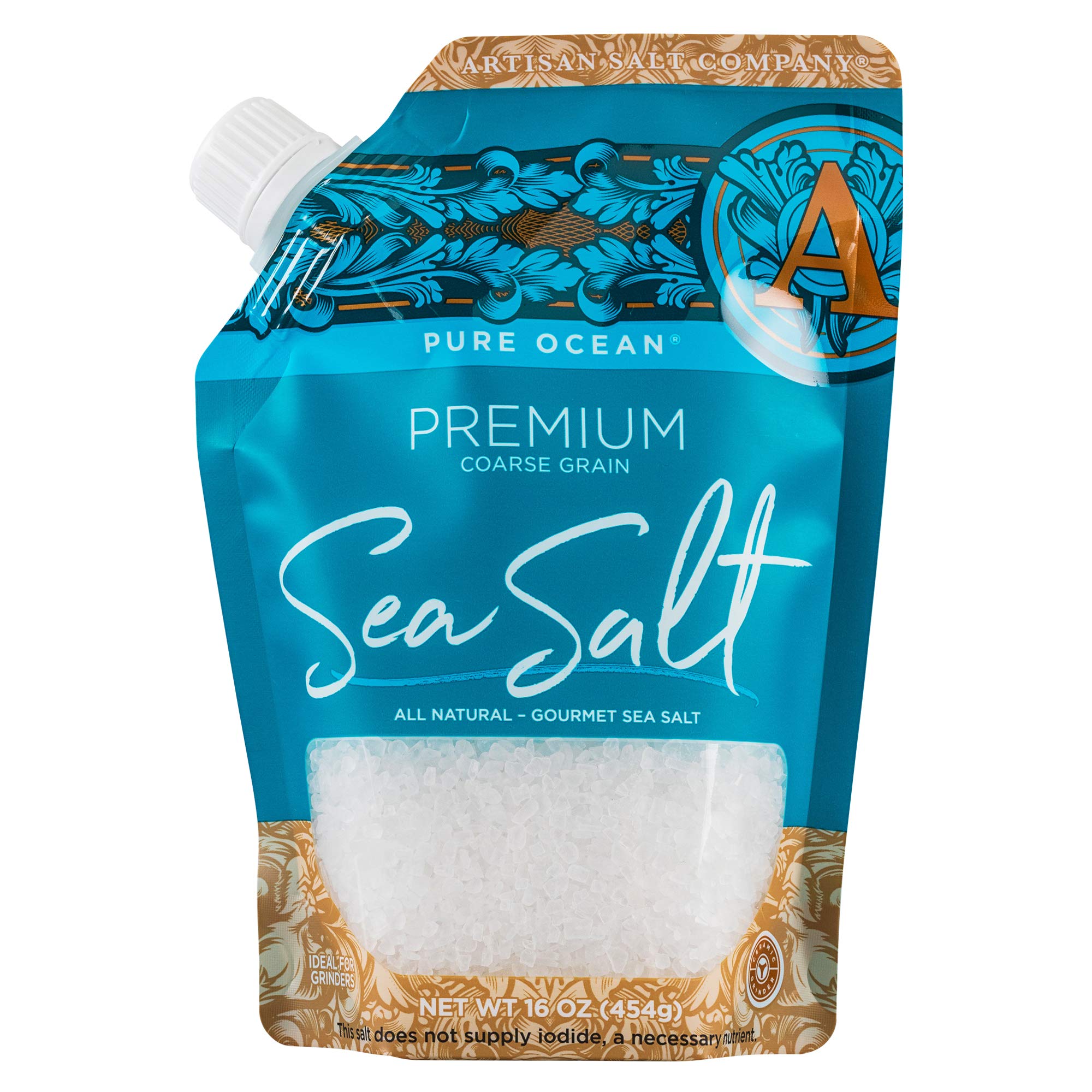 SaltWorks front pouch showing label and pour-spout, easy refilling benefit