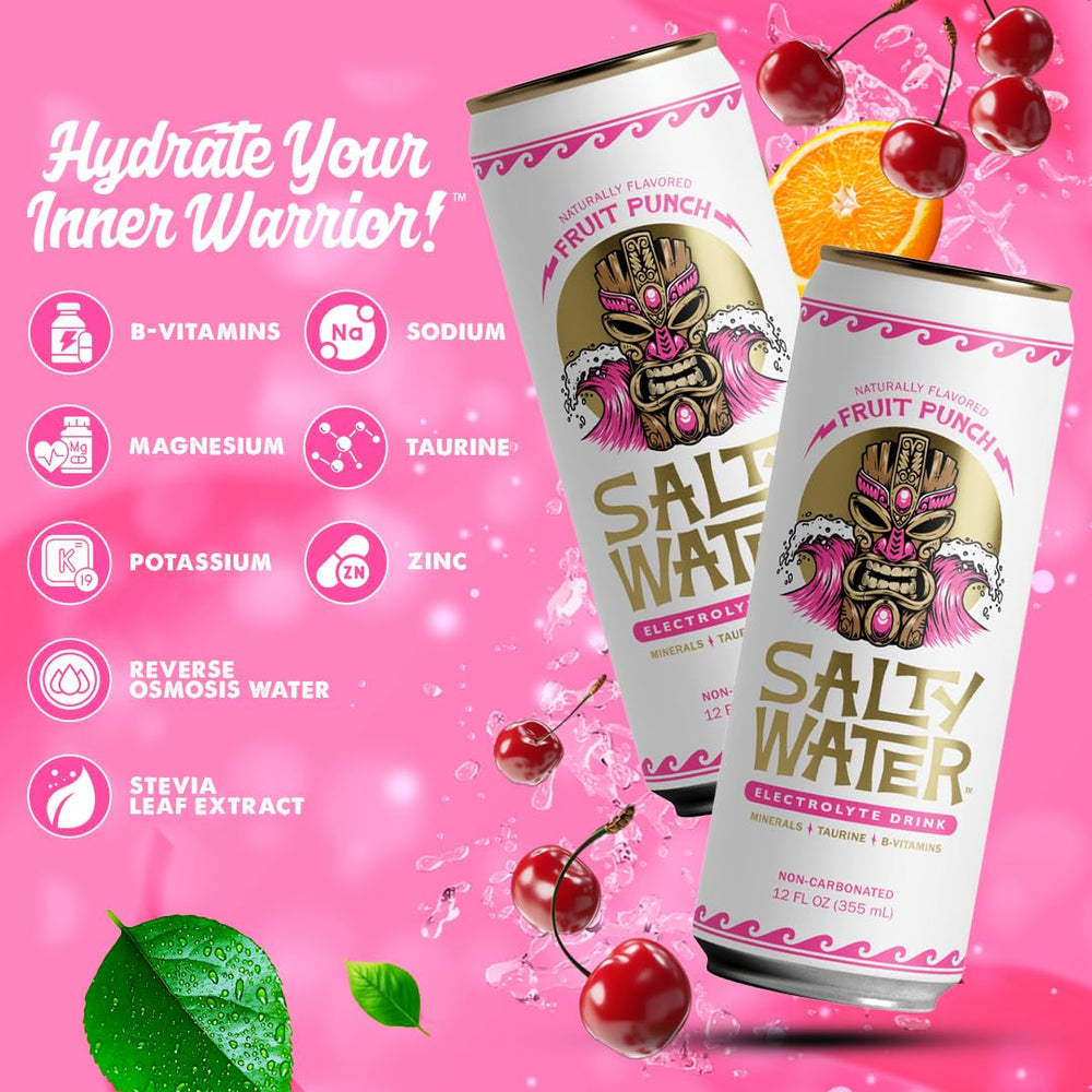 Hand holding SaltyWater Fruit Punch can demonstrating 12 oz portable size