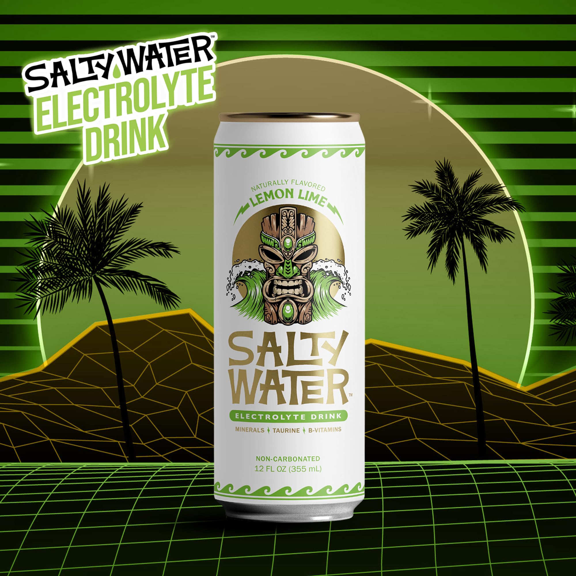 SaltyWater lemon lime angled pack shot highlighting recyclable aluminum can and sleek artwork