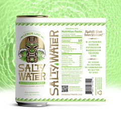 SaltyWater lemon lime close-up label focusing on ingredients list and clean, simple formulation