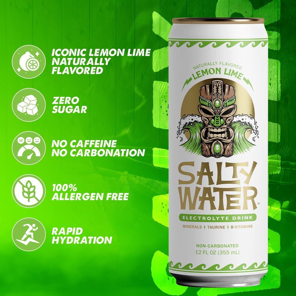 SaltyWater lemon lime ingredients and nutrition panel showing minerals, taurine and B-vitamins