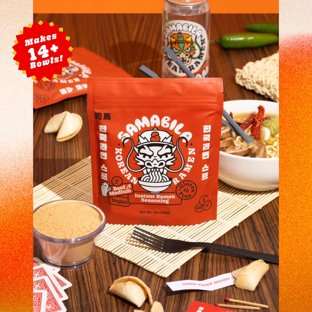 SAMABILA seasoning in a hot stir-fry pan, brand enhancing savory depth in dishes