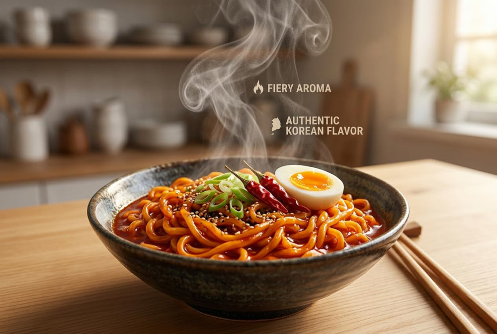 SAMYANG sauce packet and roasted flakes displayed to show concentrated spicy seasoning