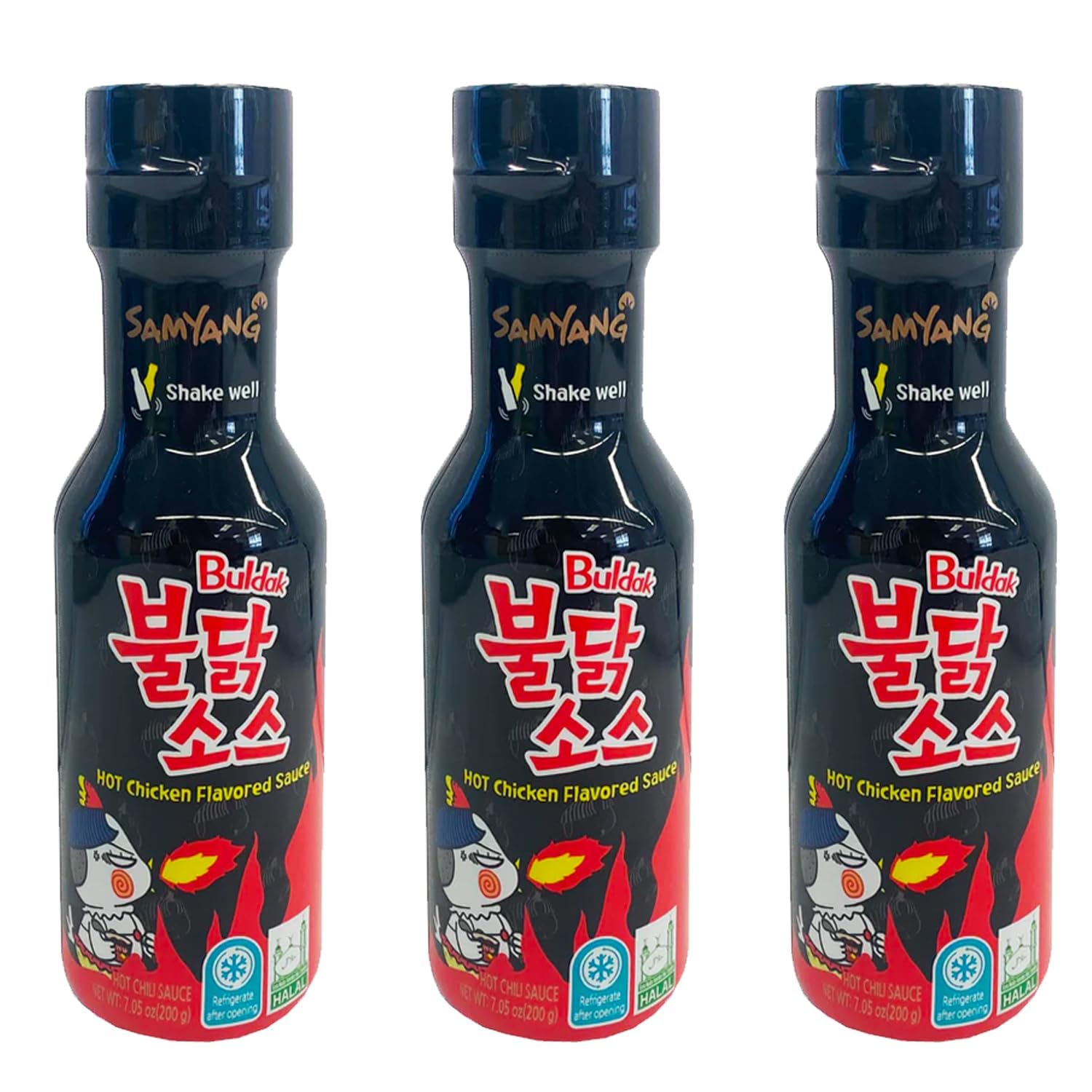 Samyang front bottle view showing label and bold hot chicken flavor for easy identification