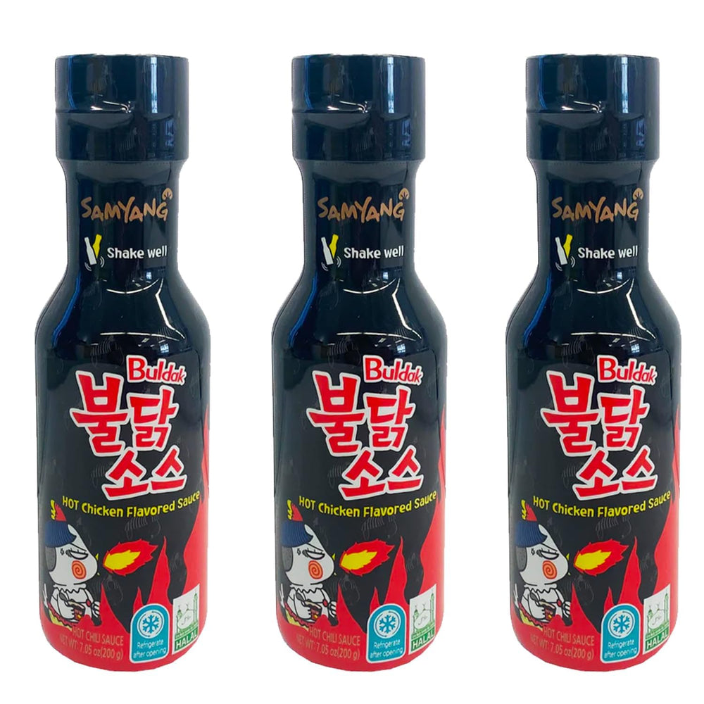 Samyang front bottle view showing label and bold hot chicken flavor for easy identification