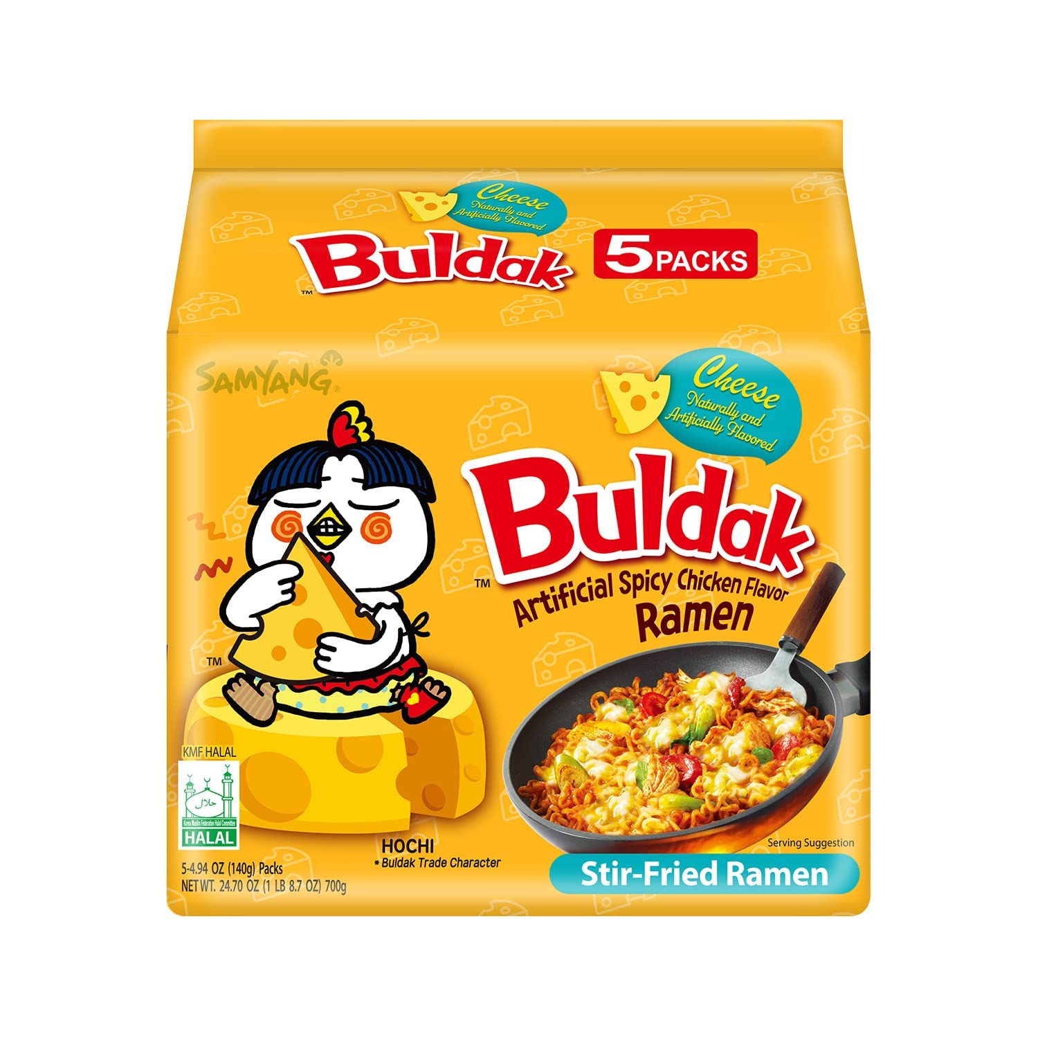 SAMYANG front packaging showing cheese buldak noodles and bold spicy branding for craving satisfaction