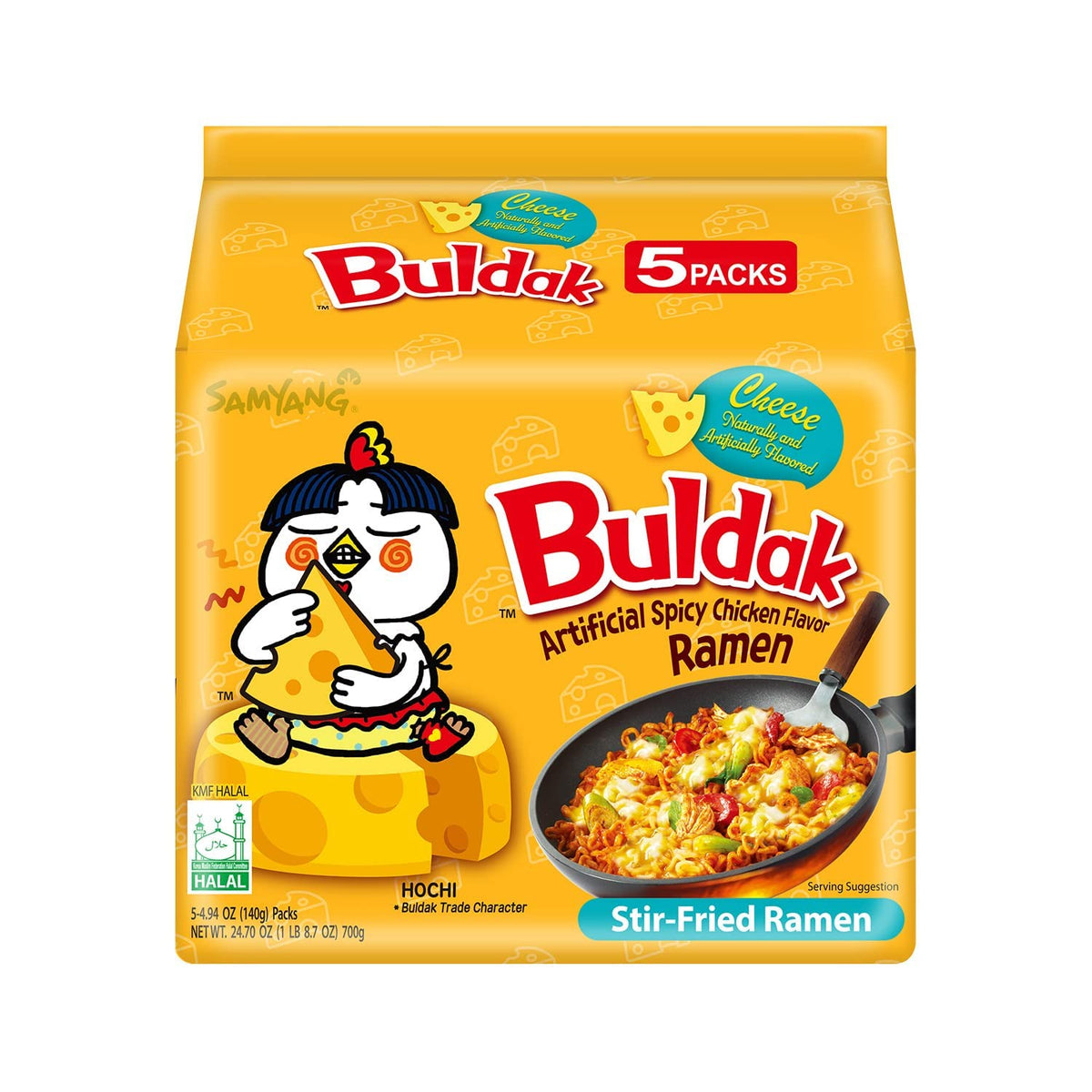 SAMYANG front packaging showing cheese buldak noodles and bold spicy branding for craving satisfaction