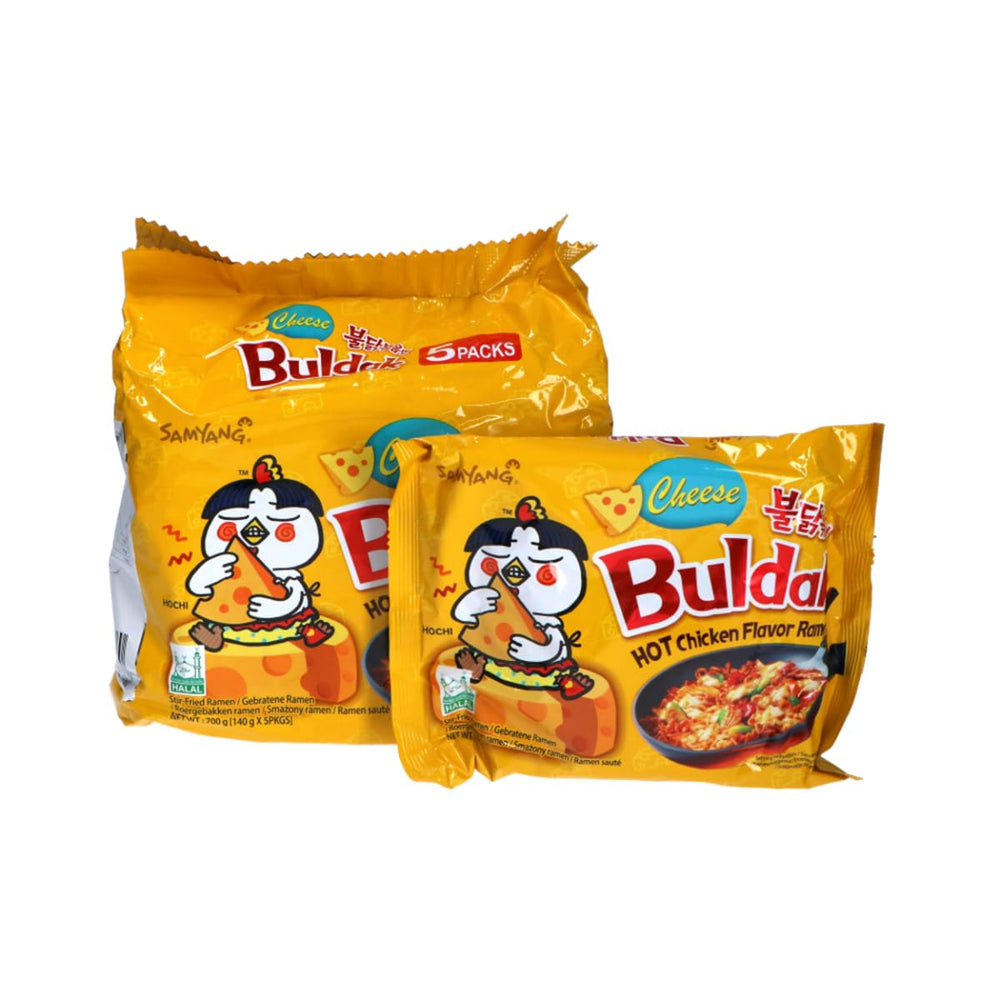 Samyang front packaging showing five ramen packs and clear flavor label for easy selection