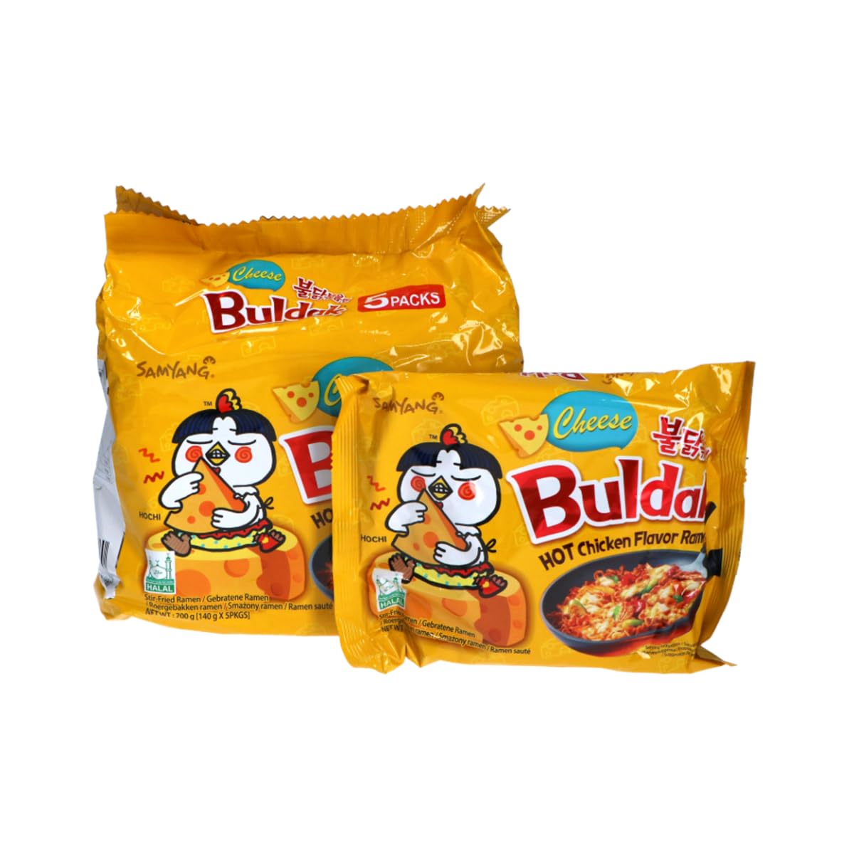 Samyang front packaging showing five ramen packs and clear flavor label for easy selection
