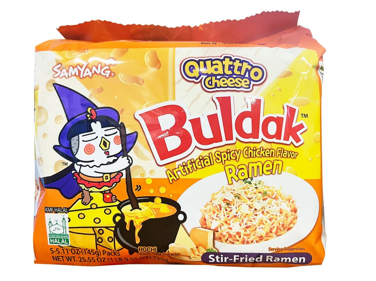 Samyang front packaging showing five Quattro Cheese packets and bold branding, attracts spice lovers