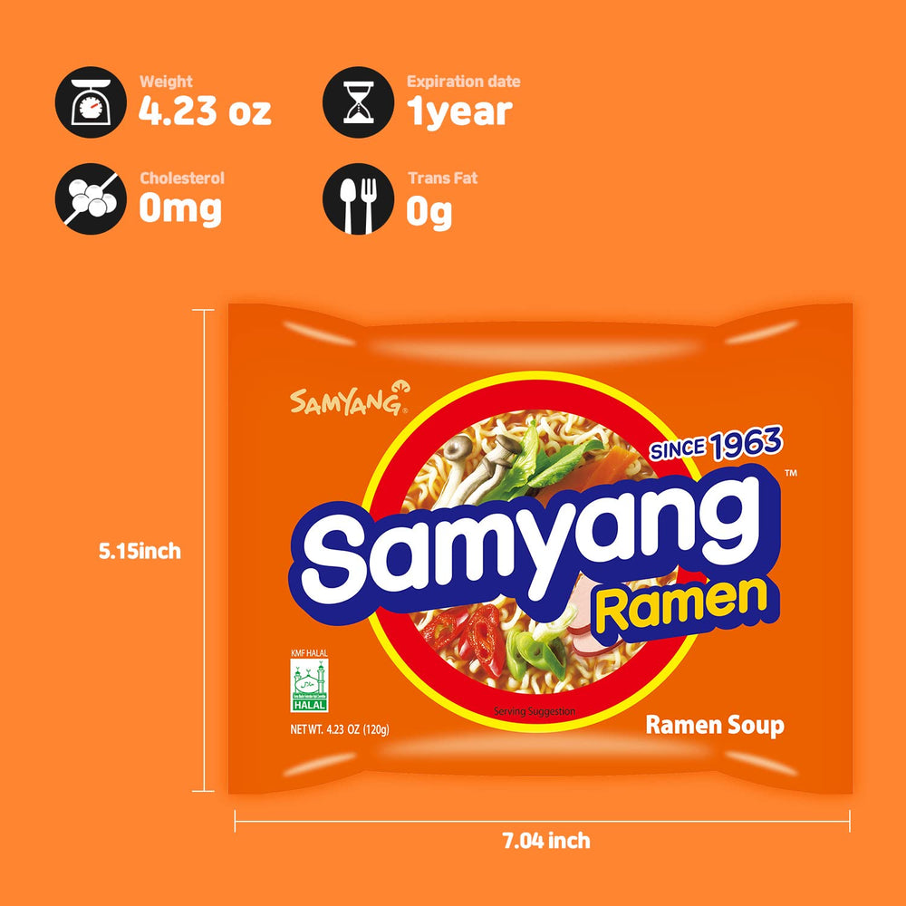 SAMYANG seasoning sachets and visible ham flakes demonstrating savory flavor boost