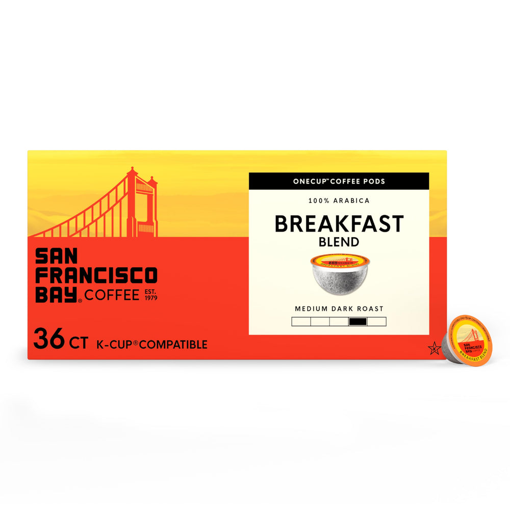 san francisco bay front packaging showing breakfast blend and 36 count, clear product identity