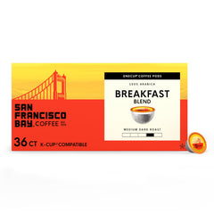 san francisco bay front packaging showing breakfast blend and 36 count, clear product identity