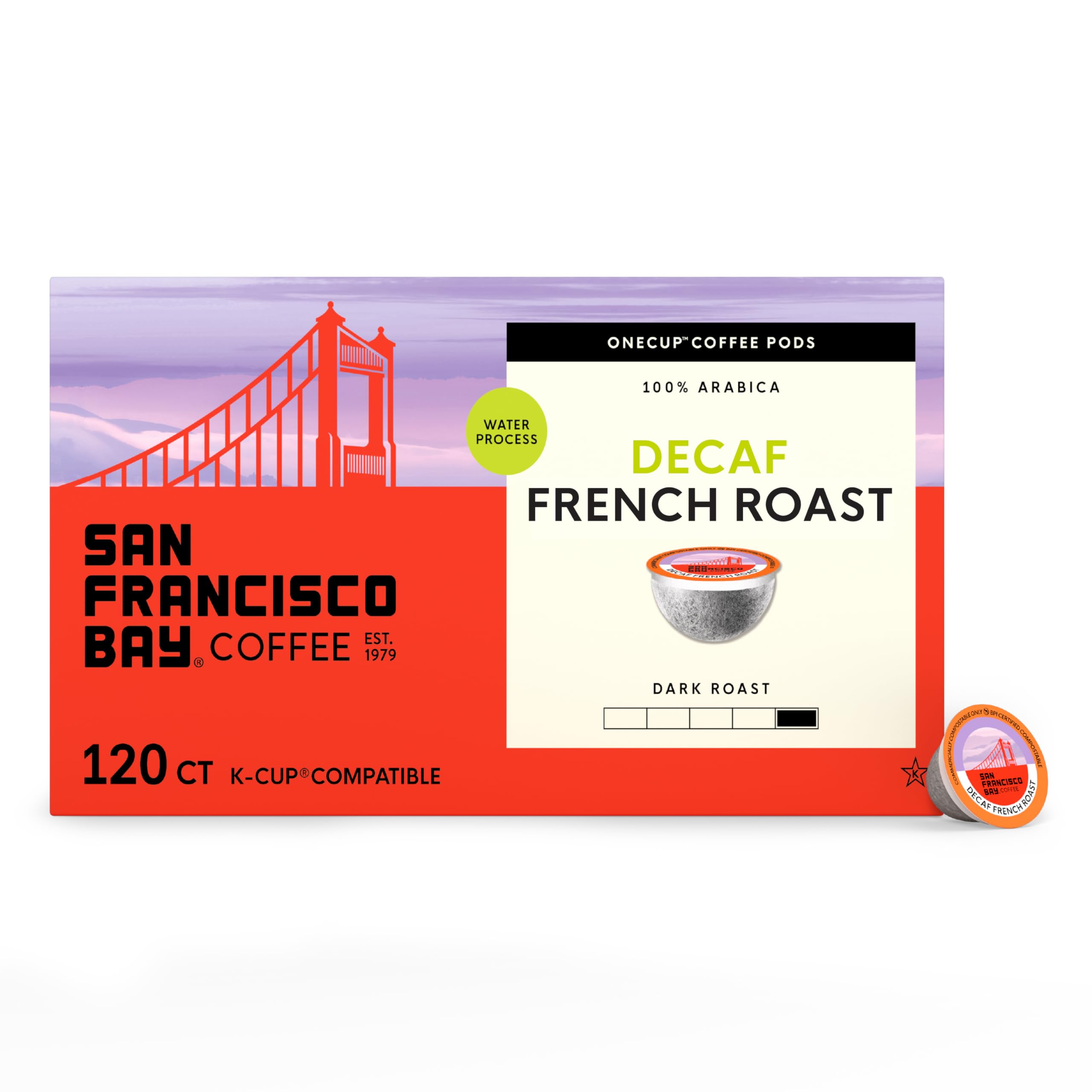 San Francisco Bay front packaging showing 120-count and roast benefits