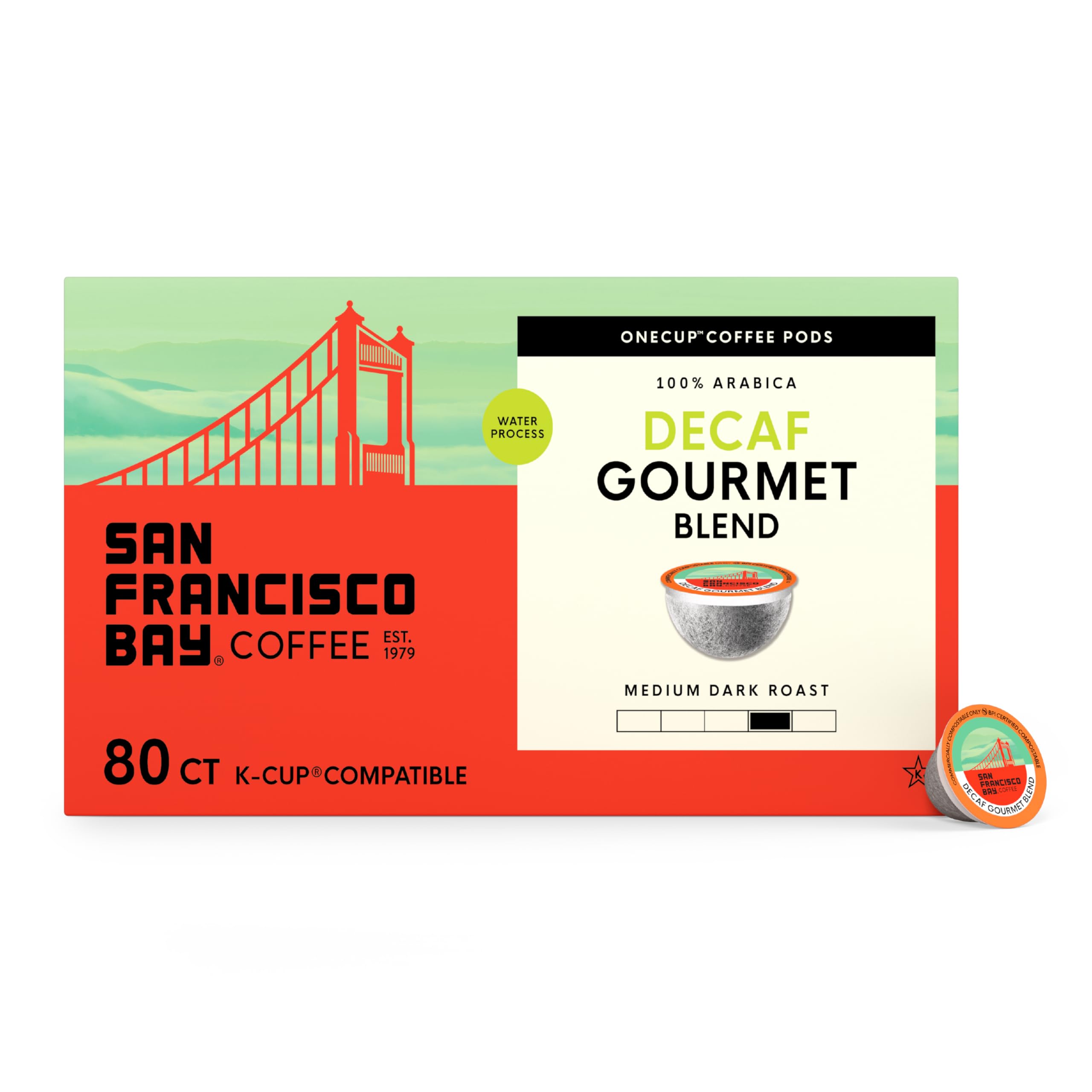SAN FRANCISCO BAY front packaging showing 80-count and gourmet decaf benefit