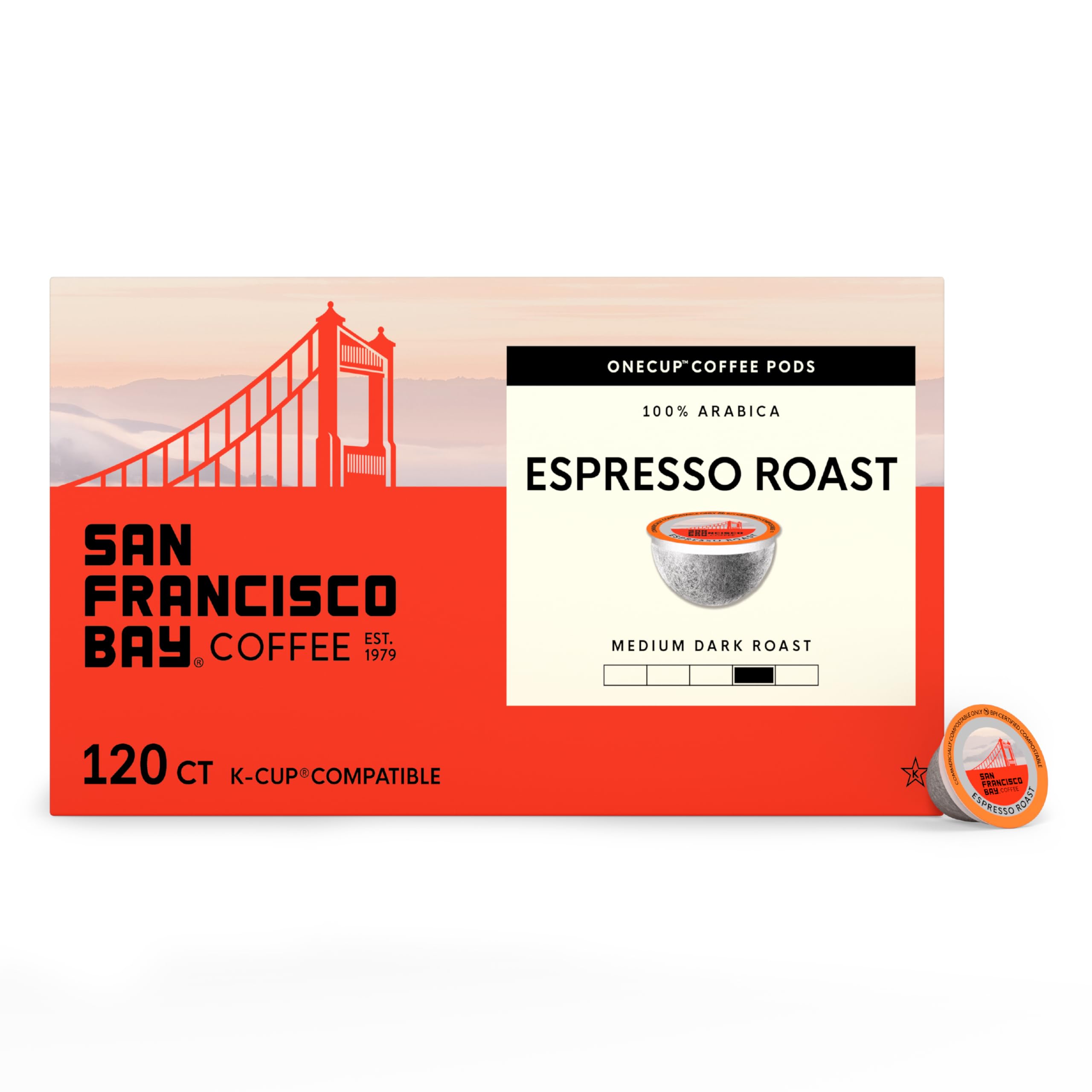 San Francisco Bay front packaging showing Espresso Roast and 120-count convenience
