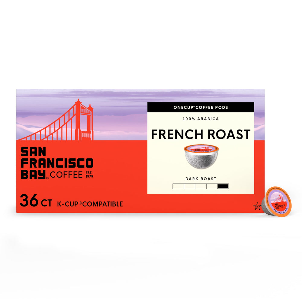 San Francisco Bay front packaging showing 36-count box and bold roast benefit