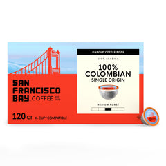 San Francisco Bay front packaging showing 120 count and medium roast benefits