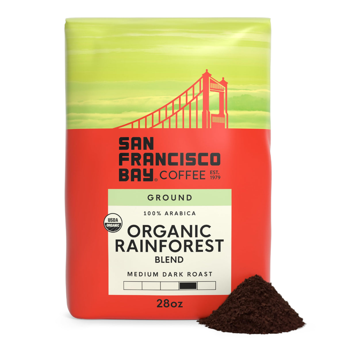 San Francisco Bay front packaging 28 oz bag showing blend name and benefits